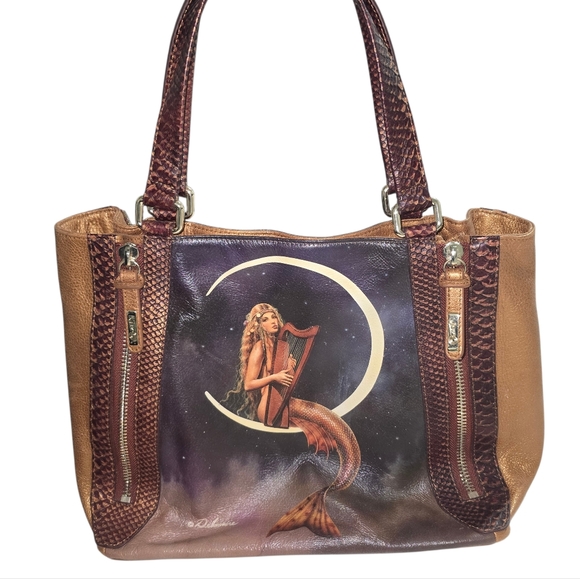 RARE FIND ♥︎ David Delamore • Mermaid on the Moon • Art Leather Tote Purse - Picture 3 of 17